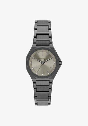 Ósmiokątny zegarek z ciemnoszarą metalową bransoletą i kopertą. Tarcza jest oliwkowo-zielona z srebrnymi znacznikami i trzema wyraźnymi wskazówkami.