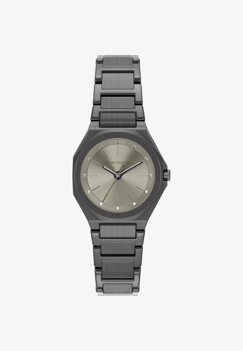 Octagonale horloge met een donkergrijze metalen band en kast. De wijzerplaat is olijfgroen met zilverkleurige markers en drie opvallende wijzers.