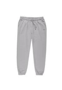 Jasnoszare spodnie dresowe wykonane z miękkiego materiału. Posiadają elastyczny pas ze sznurkiem, ściągacze przy kostkach oraz boczne kieszenie. Subtelne logo z przodu.