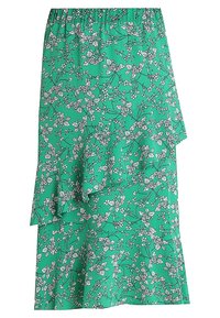 Green midi skirt with white floral print, elastic waistband, and ruffle detail cascading down the front right side.