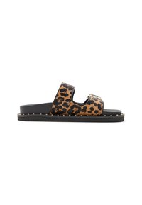Leopard print slide sandal with black strap, flat sole, and gold stud detailing along the edge. Made from textured material.