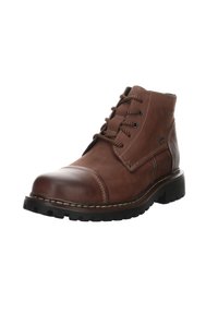 Botas de cuero marrón hasta el tobillo con punta redondeada, costuras claras, cierre con cordones en la parte delantera y suela de goma con un diseño de agarre texturizado.