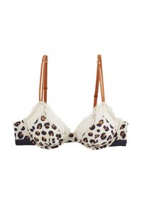 Soutien-gorge à imprimé léopard avec des bordures en dentelle crème, des bretelles réglables brunes et une bande élastique bleue foncée. Tissu doux avec une finition texturée.