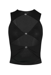 Black sleeveless top with a fitted design. Features cut-out sections and decorative metallic hardware at the center and sides. Soft texture.