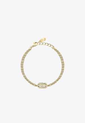 Bracciale color oro con una doppia catena, caratterizzato da un charm rettangolare impreziosito da strass trasparenti e un dettaglio distintivo.