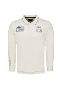 Kremowa koszulka polo z długim rękawem, dwoma guzikami na plisie, granatowymi akcentami oraz nadrukami, w tym napisami "Sestriere" i grafiką "Polo Player".