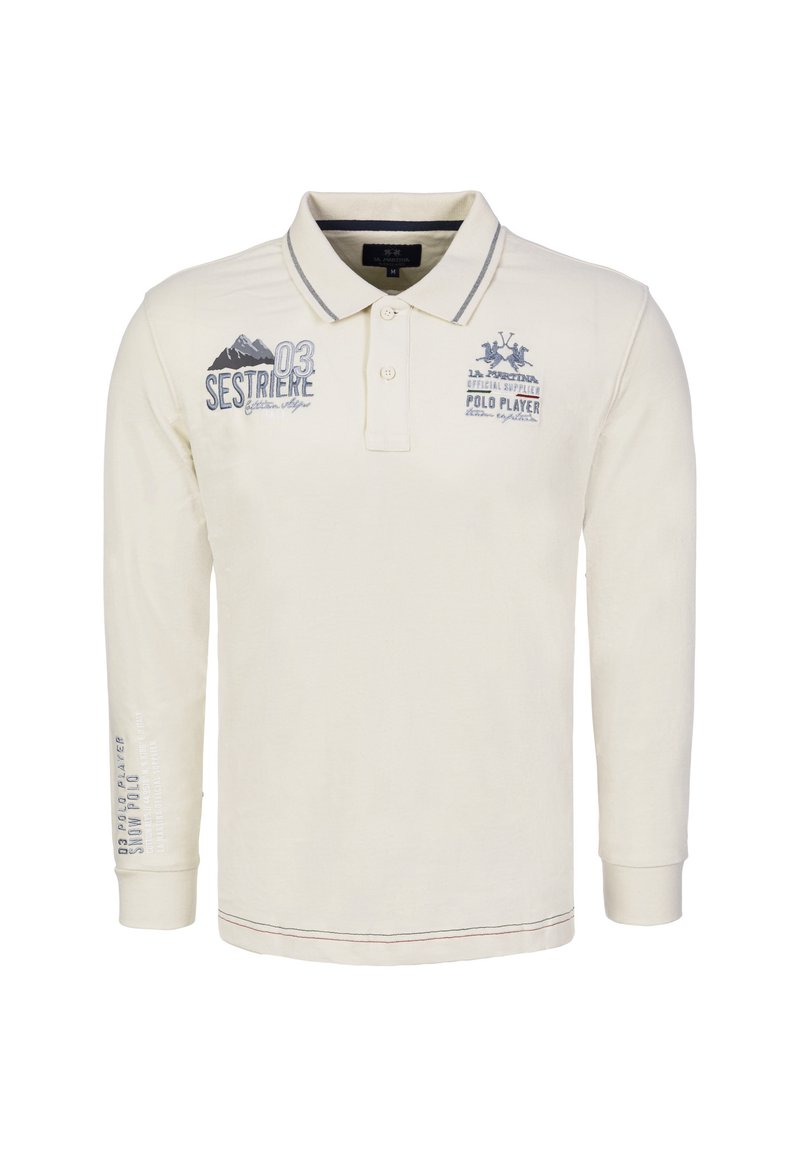 Kremowa koszulka polo z długim rękawem, dwoma guzikami na plisie, granatowymi akcentami oraz nadrukami, w tym napisami "Sestriere" i grafiką "Polo Player".