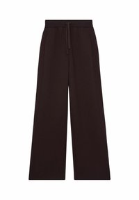 Brede broek van donkerbruine katoen. Voorzien van een trekkoord in de taille en twee zijzakken. Gladde textuur, minimale stikdetails.