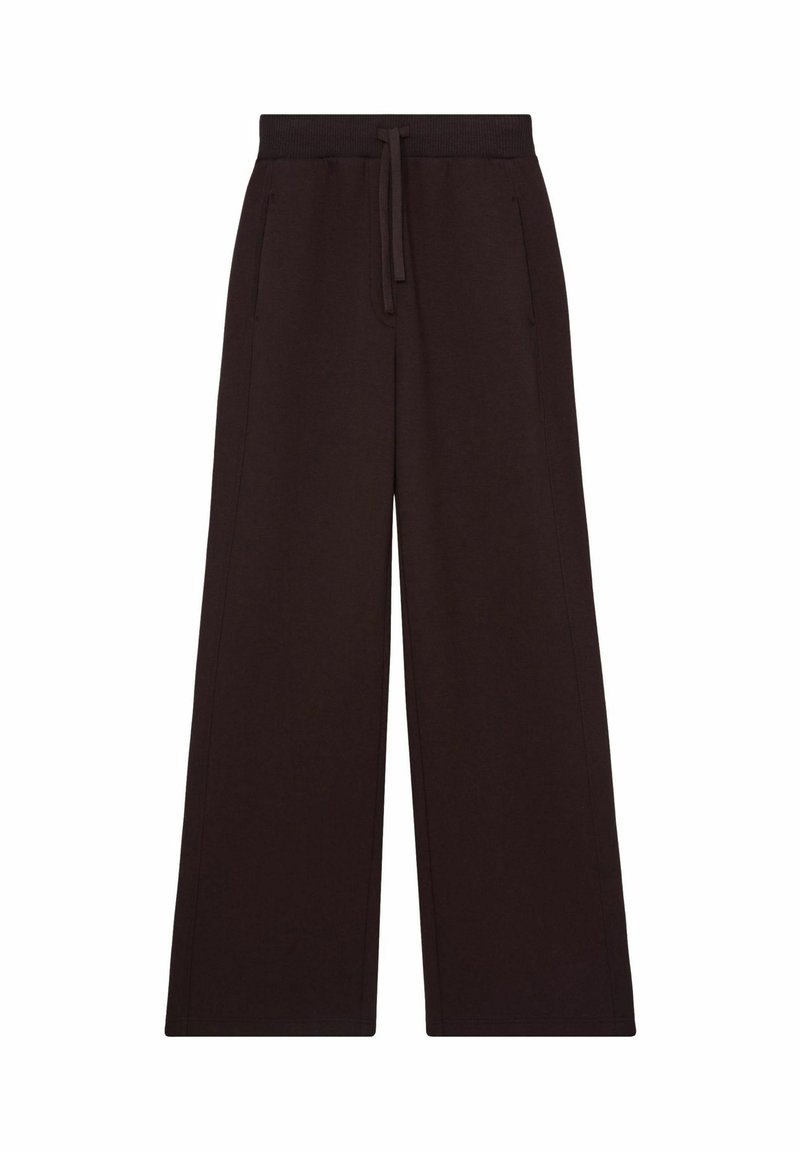 Brede broek van donkerbruine katoen. Voorzien van een trekkoord in de taille en twee zijzakken. Gladde textuur, minimale stikdetails.