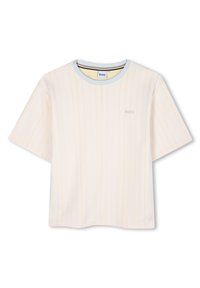 Korte mouwen, witte T-shirt met gele strepen. Heeft een lichtblauwe ronde hals en een subtiele "BOSS"-logo op de borst. Gemaakt van katoen.