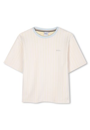 Korte mouwen, witte T-shirt met gele strepen. Heeft een lichtblauwe ronde hals en een subtiele "BOSS"-logo op de borst. Gemaakt van katoen.