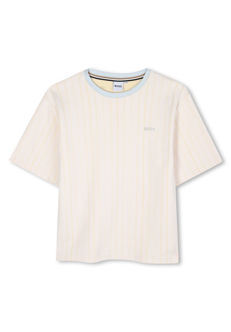 Korte mouwen, witte T-shirt met gele strepen. Heeft een lichtblauwe ronde hals en een subtiele "BOSS"-logo op de borst. Gemaakt van katoen.