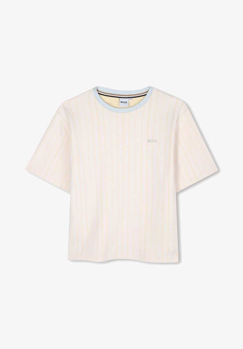 T-shirt blanc à manches courtes avec des rayures jaunes. Il présente un col rond bleu clair et un logo "BOSS" subtil sur la poitrine. Matière en coton.