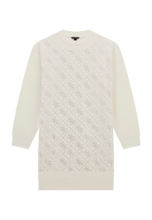 Robe pullover à manches longues de couleur crème, avec des découpes en forme de diamant et un ourlet côtelé. Tissu doux avec une texture lisse et un col rond.