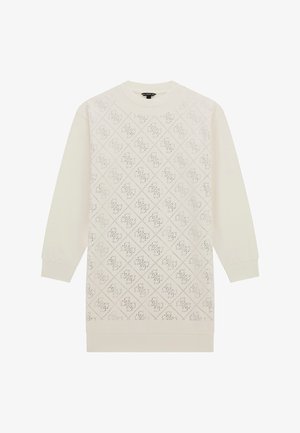 Langärmliges, cremefarbenes Pulloverkleid mit Rautenausschnitten und geripptem Saum. Weicher Stoff mit glatter Textur und Rundhalsausschnitt.