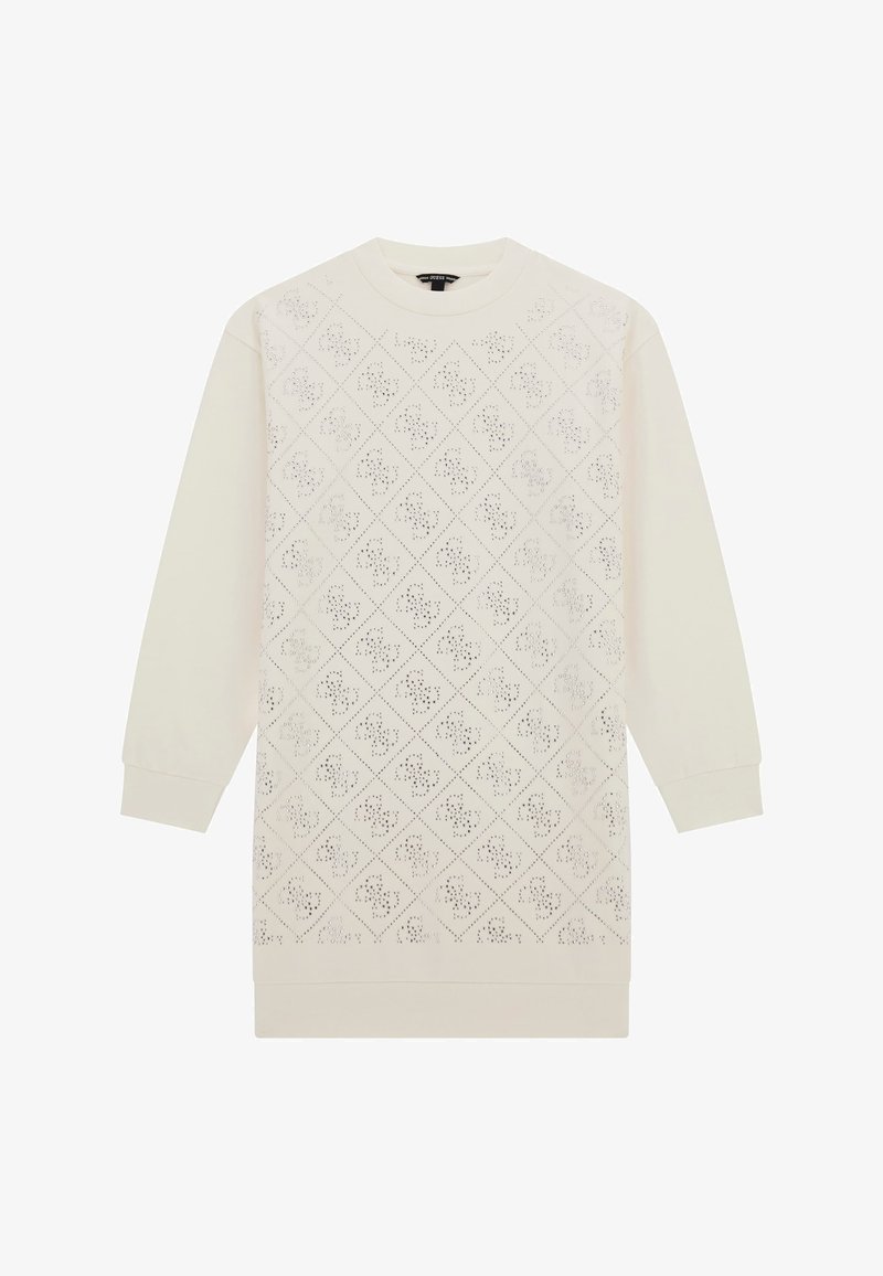 Langärmliges, cremefarbenes Pulloverkleid mit Rautenausschnitten und geripptem Saum. Weicher Stoff mit glatter Textur und Rundhalsausschnitt.