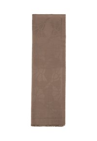 Bruine sjaal met een subtiel bloemenpatroon, gemaakt van zacht materiaal met franjes aan de randen. Rectangular vorm, gladde textuur en minimale details.