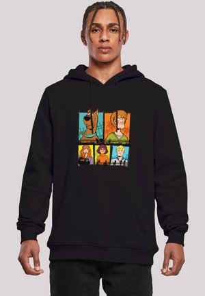 Black hoodie featuring a graphic print of six cartoon characters, with vibrant colors and distinct backgrounds in yellow, blue, and orange.