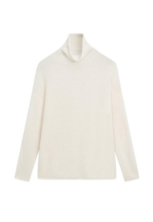 Cremefarbener Rollkragenpullover mit langen Ärmeln aus weichem Strickstoff, locker geschnitten mit überschnittenen Schultern.