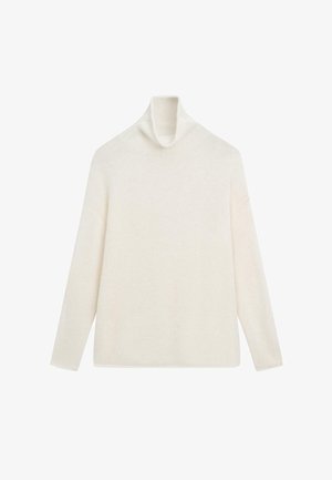 Cremefarbener Rollkragenpullover mit langen Ärmeln aus weichem Strickstoff, locker geschnitten mit überschnittenen Schultern.