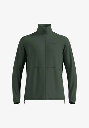 Dunkelgrüne Zip-Jacke mit hohem Kragen, elastischen Bündchen, zwei seitlichen Reißverschlusstaschen und dezentem Logo auf der Brust.
