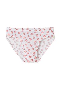 Weiße Baumwollbikini-Unterwäsche mit einem wiederholten Design in pink- und korallfarbenem Leopardenmuster, weichem Bund und nahtlosen Kanten.