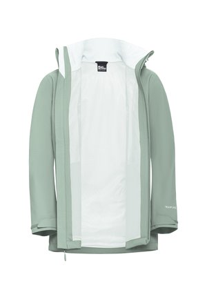 Veste imperméable vert clair avec une surface extérieure lisse, doublure en mesh blanche, fermeture éclair et poignets ajustables. Comprend une capuche et un logo discret.