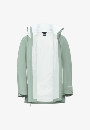 Veste imperméable vert clair avec une surface extérieure lisse, doublure en mesh blanche, fermeture éclair et poignets ajustables. Comprend une capuche et un logo discret.