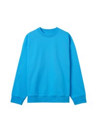 Blauwe katoenen sweatshirt met lange mouwen, ronde hals en geribbelde manchetten en zoom. Heeft een gladde textuur en een relaxte pasvorm.