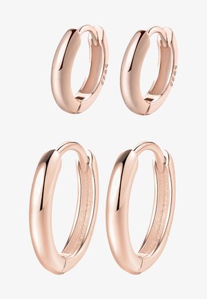 Ohrringe aus Roségold mit einem glatten, abgerundeten Design. Zwei Größen dargestellt, mit einer polierten Oberfläche und Klickverschluss.