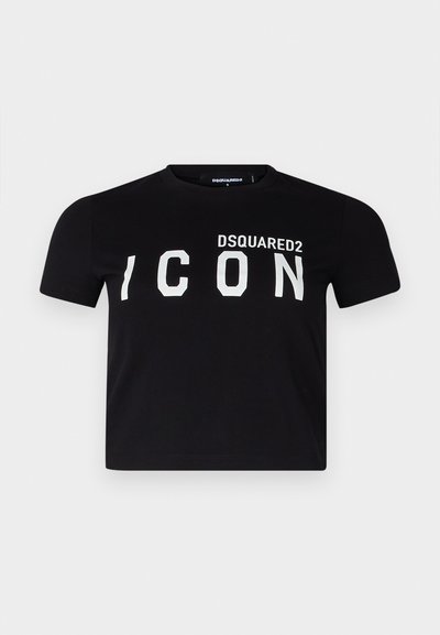 Black cotton T-shirt with a crew neckline. Features bold white lettering "DSQUARED2 ICON" across the front. Short sleeves, standard fit.
