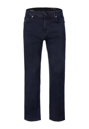 Tmavě modré džíny rovného střihu s předním zapínáním na knoflíky a zipem, předními a zadními kapsami a poutky na pásek.