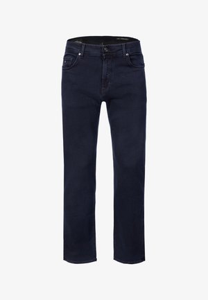 Tmavě modré džíny rovného střihu s předním zapínáním na knoflíky a zipem, předními a zadními kapsami a poutky na pásek.