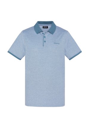 Polo bleu clair en tissu mélangé de coton. Il présente un col et des poignets en teal contrastants, avec deux boutons et un logo brodé sur la poitrine.