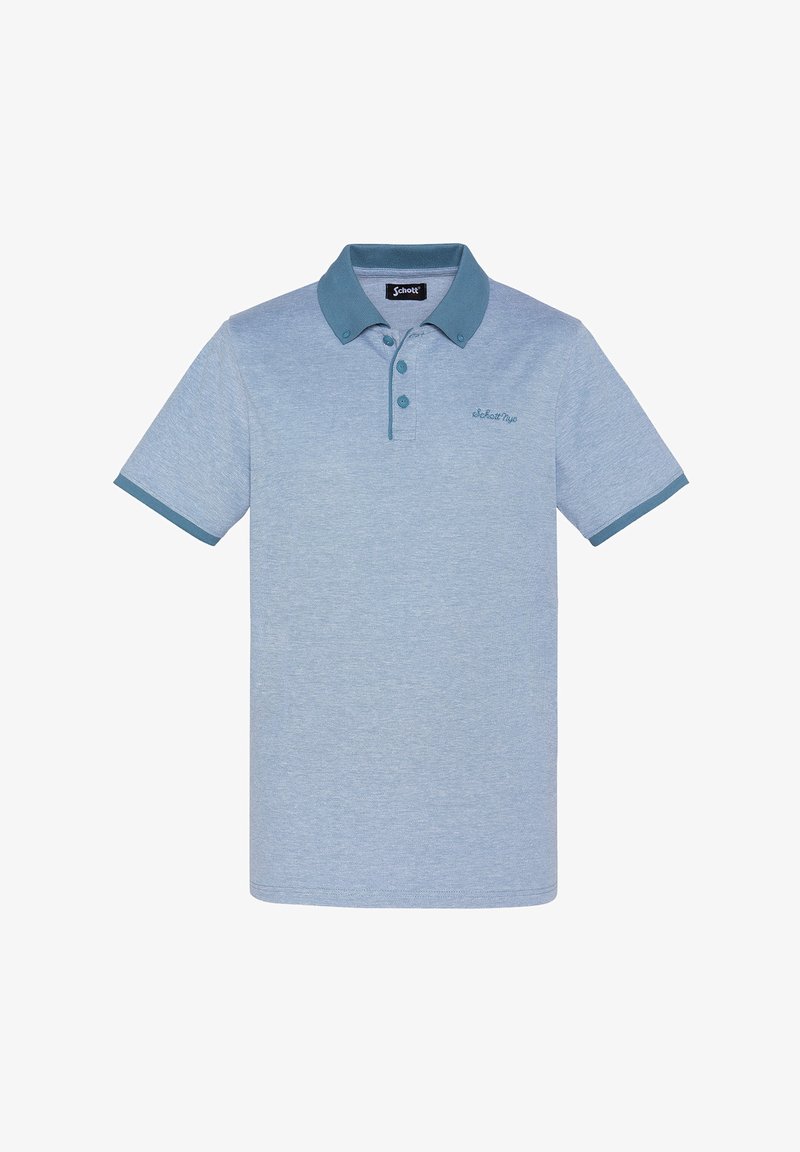 Polo bleu clair en tissu mélangé de coton. Il présente un col et des poignets en teal contrastants, avec deux boutons et un logo brodé sur la poitrine.