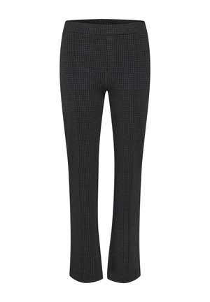 Pantalons à carreaux noirs avec un design ajusté, un tissu texturé et une taille lisse. Présente une légère évasement au niveau des chevilles.
