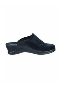 Black velvet clogs with a wedge heel, featuring a slip-on design and an embroidered floral detail on the upper.