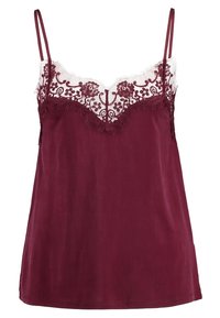 Camisola in satin borgogna con un pizzo decorativo all'escollatura, caratterizzata da intricati motivi floreali e spalline regolabili.