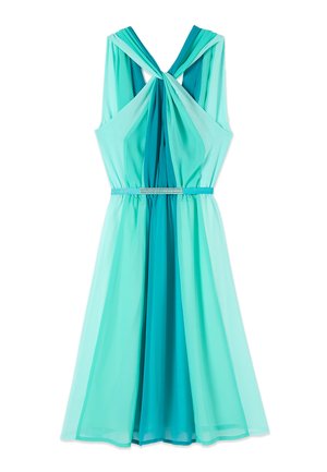 Abito turchese senza maniche con spalline incrociate sulla schiena, una fascia in vita gioiello e una gonna svasata a linea ad A.