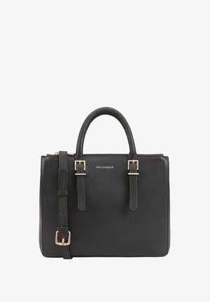 Sac à main en cuir noir avec deux poignées supérieures, une bandoulière réglable, des accents dorés et une finition texturée. Présente un petit logo à l'avant.