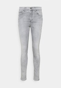 Jeans de denim de corte slim en gris claro, con cinco bolsillos, pasadores para cinturón y cierre de botón en la cintura.