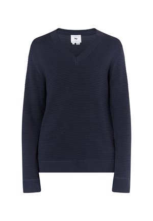 Suéter de punto azul marino oscuro con cuello en V, textura acanalada y mangas largas. Presenta un corte relajado y un diseño de color sólido.