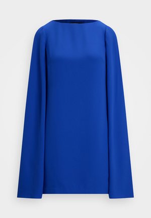 Blaues Langarm-Oberteil aus glattem Stoff, mit rundem Halsausschnitt und taillierter Silhouette ohne sichtbare Muster oder Verzierungen.