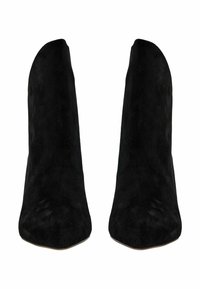 Mustad seemisnahast pahkluu saapad kitsaste varvaste ja siledat tekstuuri, millel on elegantne siluett ning veidi kõrgendatud konts.