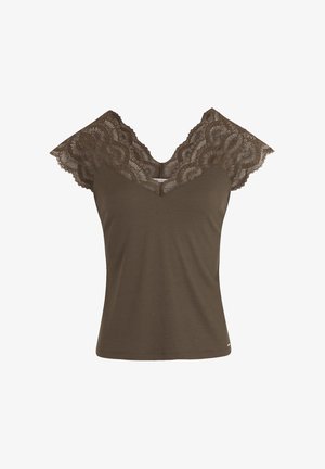 Brown ribbed top with a V-neck andshort sleeves; adorned with intricate brown lace along the shoulders, adding texture and detailing.