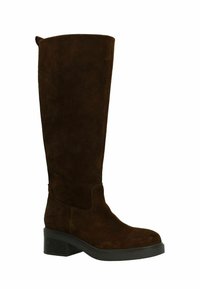 Brown suede knee-high boot with a square toe, chunky black heel, and a smooth finish. Features a side seam and a subtle loop at the top.