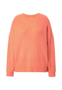 Maglione lavorato a maglia arancione chiaro con scollatura rotonda ampia, spalle cadenti e polsini a costine. Tessuto morbido con una vestibilità leggermente rilassata.