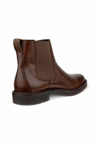 Braune Leder-Chelsea-Stiefel mit elastischen Seitenpanels, abgerundeter Zehenpartie und einer niedrigen, strukturierten Gummisohle. Verfügt über eine Schlaufe an der Rückseite für ein einfaches Anziehen.