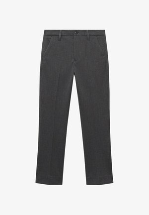 Pantaloni gri, tăiați, cu croială dreaptă, având închidere cu nasture, bucle pentru curea și buzunare laterale. Material texturat cu un model subtil.