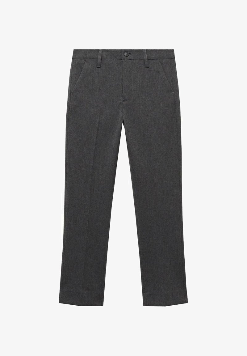Gray tailored trousers with a straight fit, featuring a button closure, belt loops, and side pockets. Textured fabric with a subtle pattern.